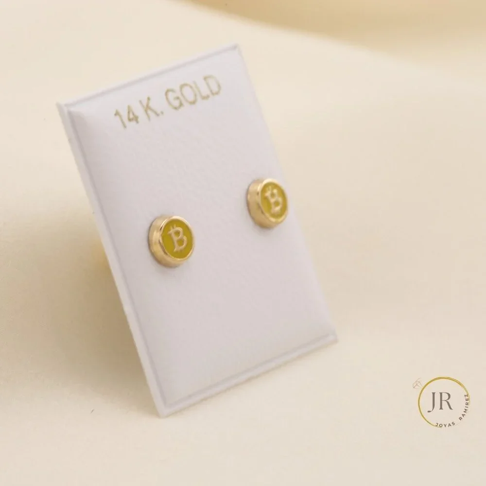 14K Solid Gold Bitcoin Logo Stud Earrings Crypto Luxury Fine Jewelry - Picture 3 of 7